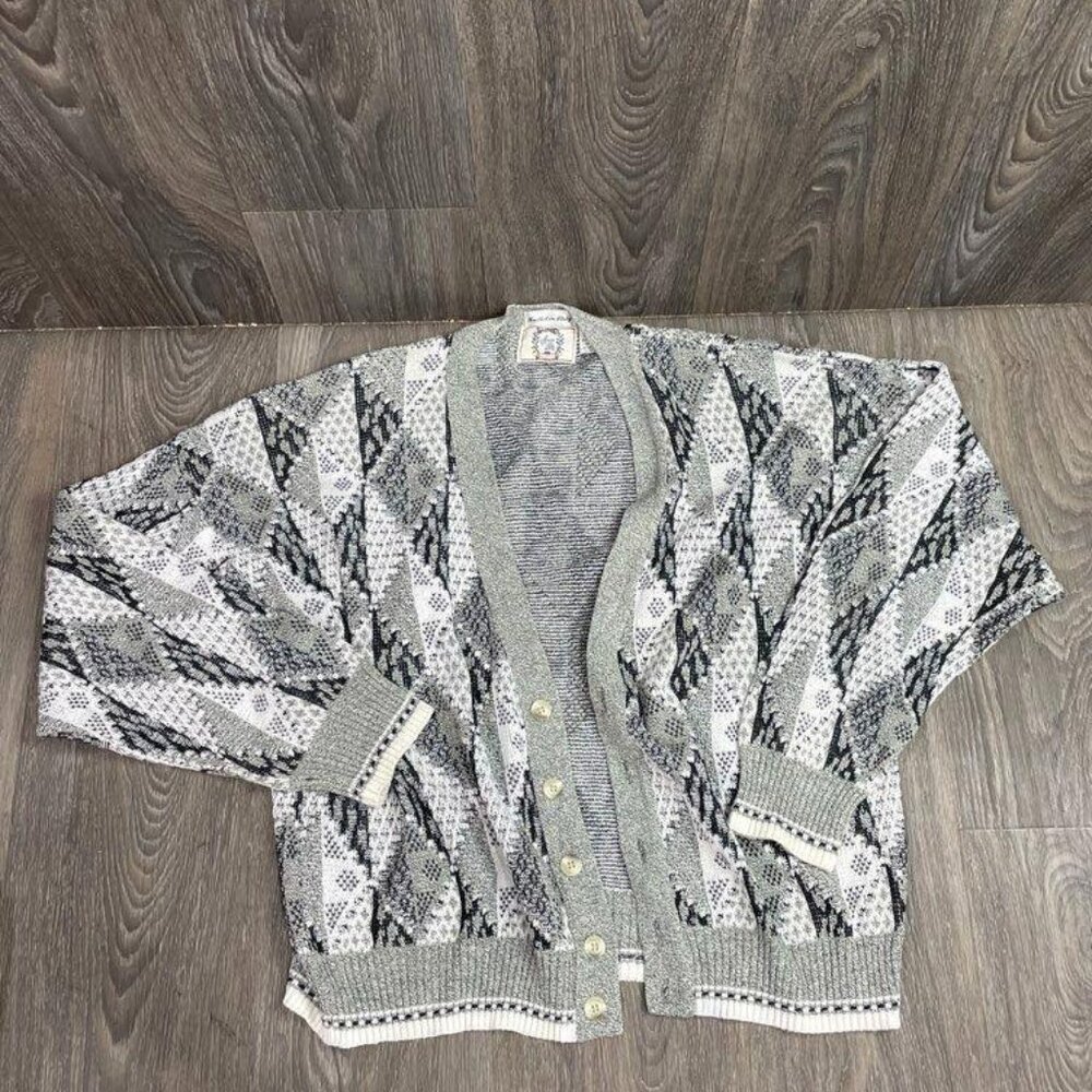 VTG Grandpa Sweater Cardigan Made in Italy Size Large Black White Gray Geometric